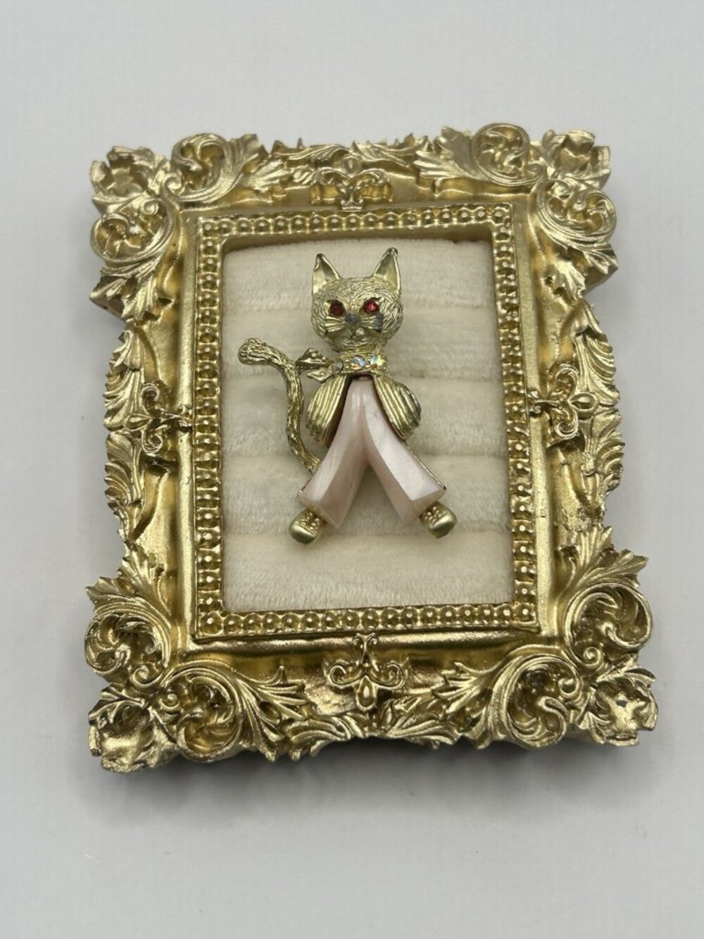 Cat Brooch Vintage Gold Tone Pink Lucite Pants Rhinestone Eyes Whimsical Gift